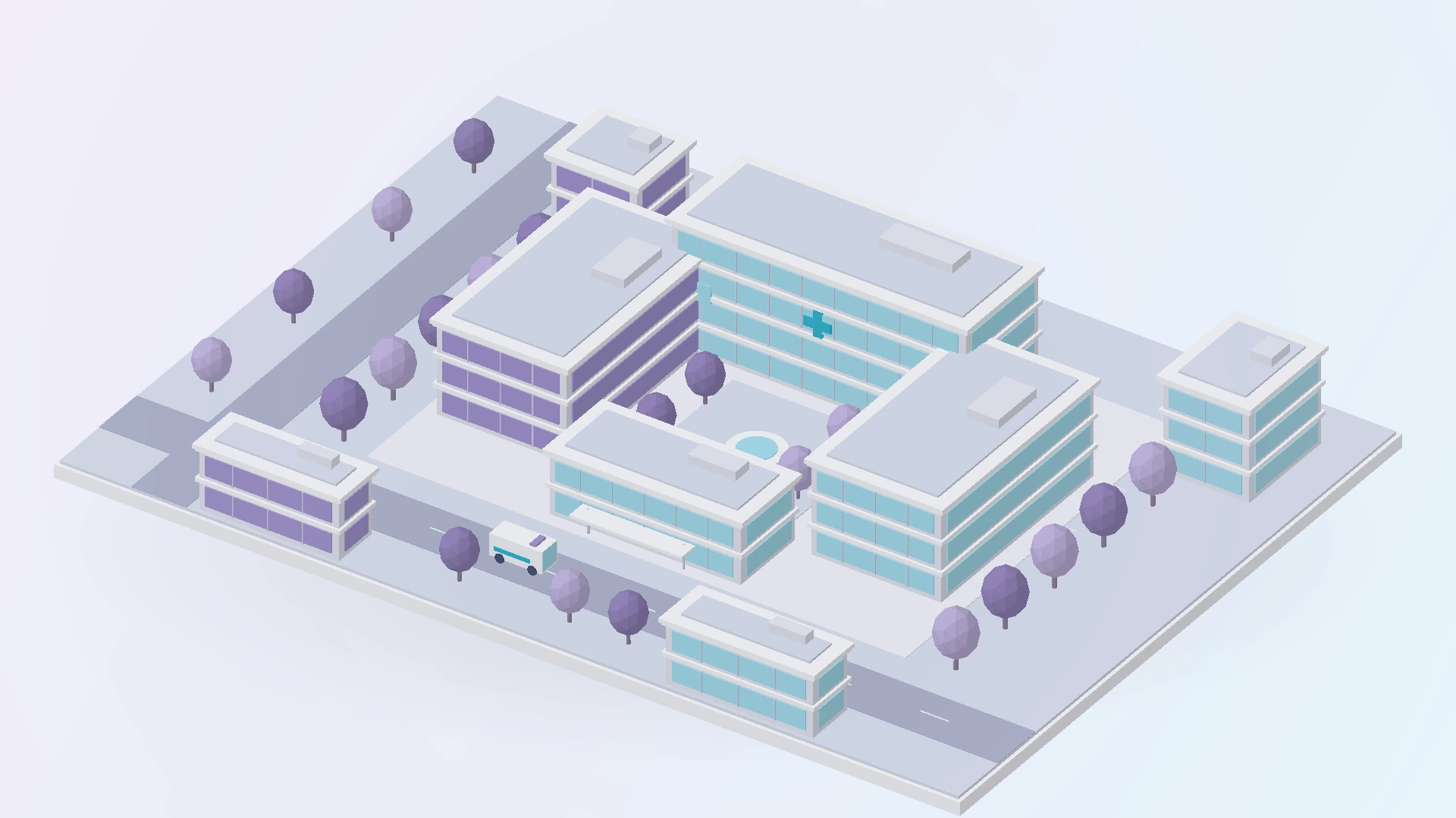 Architectural render of the connected medical campus and its specialty buildings